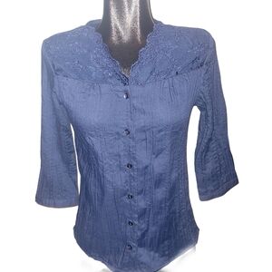 Kim Rogers Petite Blue Button Front Cropped Sleeve Blouse